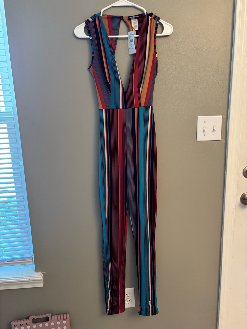Fashion Nova Multicolor Vertical Stripe Deep V Jumpsuit